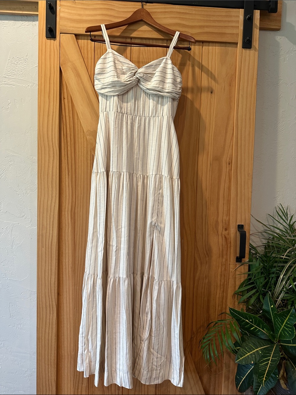 Women’s Cream Striped Maxi Dress with Twist Bust